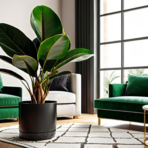 Home 4 **A vibrant indoor rubber plant (Ficus elastica) with glossy dark green leaves, elegantly placed in a modern living room setting. Soft, natural light highlighting the leaf texture.**