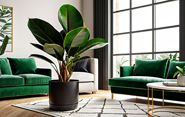 **A vibrant indoor rubber plant (Ficus elastica) with glossy dark green leaves, elegantly placed in a modern living room setting. Soft, natural light highlighting the leaf texture.**