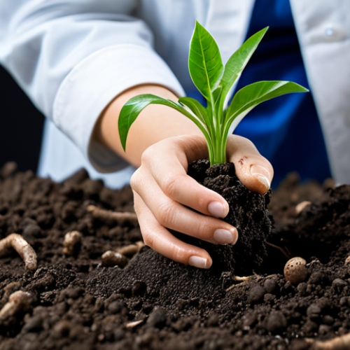 A professional female botanist, fully clothed in modest, long-sleeved laboratory attire, gently holding a handful of rich, dark soil in a natural pose. The image features a macro perspective of the soil, revealing subtle, conceptual elements of healthy root systems, compost particles, and microscopic hints of thriving microbial life, emphasizing the soil's living ecosystem. In the background, a soft-focused, well-lit botanical laboratory or a lush, vibrant garden. Perfect anatomy, correct proportions, well-formed hands, proper finger count, natural body proportions, professional photography, high quality, safe for work, appropriate content, family-friendly.