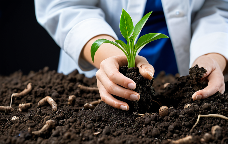 A professional female botanist, fully clothed in modest, long-sleeved laboratory attire, gently holding a handful of rich, dark soil in a natural pose. The image features a macro perspective of the soil, revealing subtle, conceptual elements of healthy root systems, compost particles, and microscopic hints of thriving microbial life, emphasizing the soil's living ecosystem. In the background, a soft-focused, well-lit botanical laboratory or a lush, vibrant garden. Perfect anatomy, correct proportions, well-formed hands, proper finger count, natural body proportions, professional photography, high quality, safe for work, appropriate content, family-friendly.