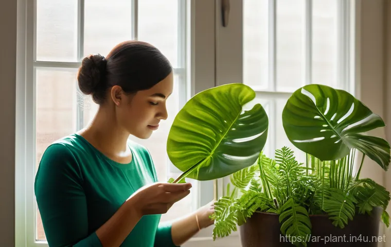 반려식물 병충해 자연 퇴치법 - The Vigilant Gardener's Inspection**
A focused individual, appearing to be in their late 20s to ear...