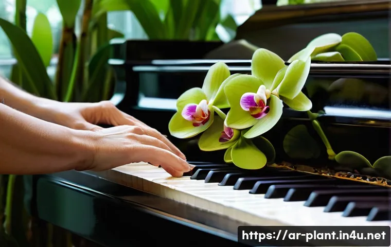 식물에게 좋은 음악과 빛의 영향 - **Prompt:** A close-up, high-angle shot of a flourishing indoor garden bathed in warm, soft light. A...