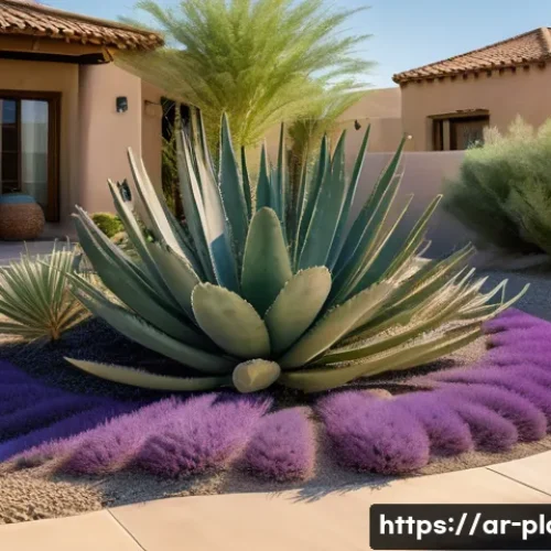드라이가든 스타일링 방법 - A serene drought-tolerant garden scene in a warm Middle Eastern setting, featuring clusters of laven...