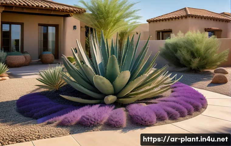 드라이가든 스타일링 방법 - A serene drought-tolerant garden scene in a warm Middle Eastern setting, featuring clusters of laven...