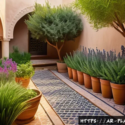 벌레를 부르는 식물과 예방책 - A vibrant home garden scene in an Arab-style courtyard featuring lush, healthy plants surrounded by ...