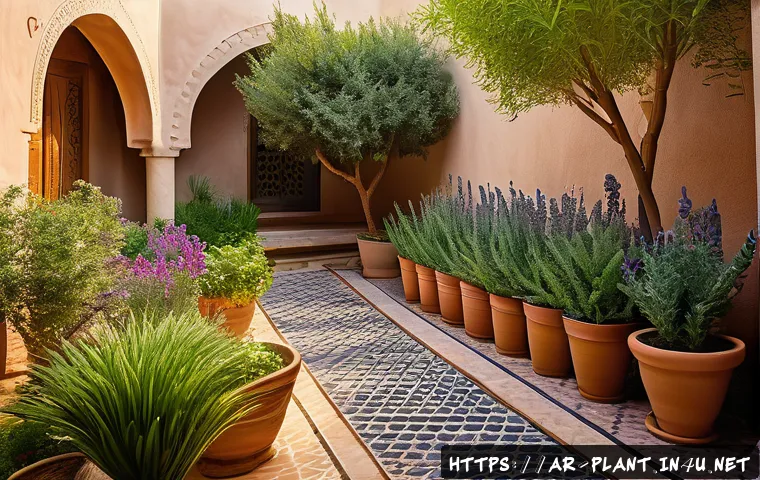 벌레를 부르는 식물과 예방책 - A vibrant home garden scene in an Arab-style courtyard featuring lush, healthy plants surrounded by ...
