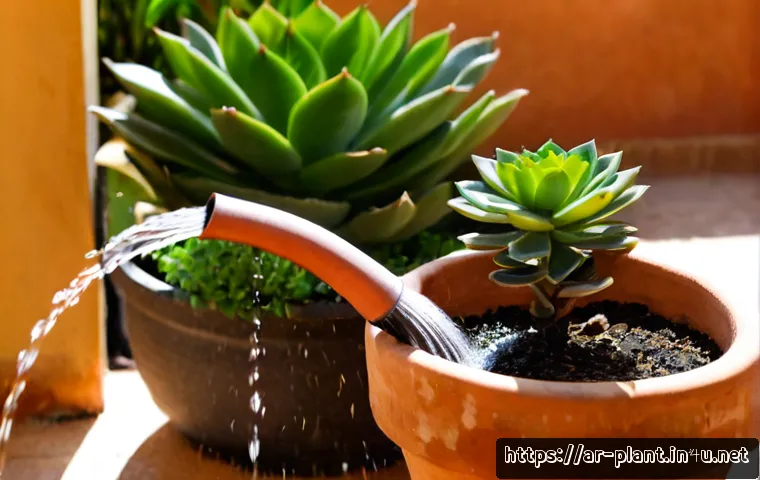 다육식물 물 주는 법 - Photorealistic close-up of a healthy small succulent in a terracotta pot being watered gently at the...
